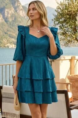 NWT Trish Scully Teal Long Sleeve Satin Dress Sz XS Ruffle Tier Wedding Romantic